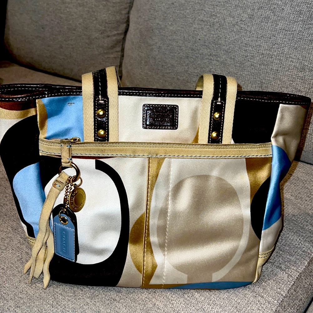 Brown, beige, blue silk and suede Coach bag